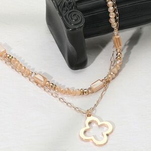 Metal Open Quatrefoil Pendant Faceted Beaded Layered Necklace